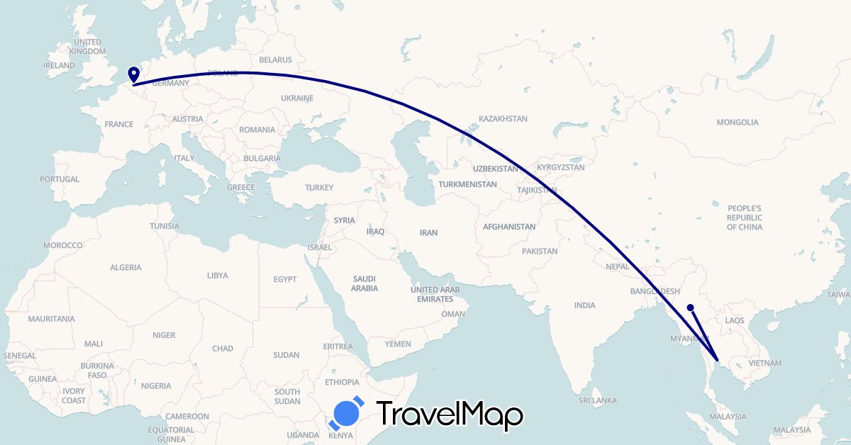 TravelMap itinerary: driving in Belgium, Myanmar (Burma), Thailand (Asia, Europe)
